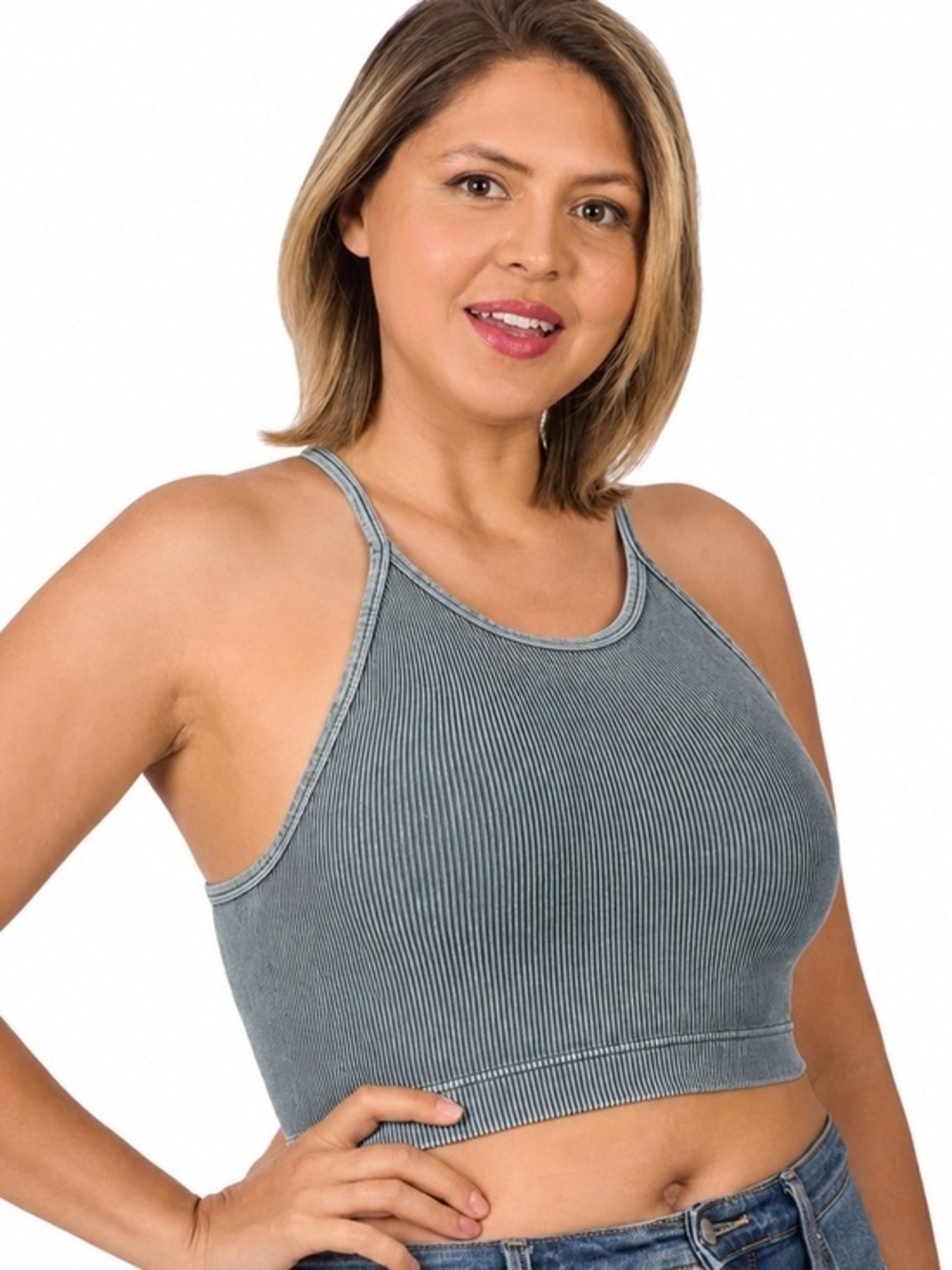 Zenana Curvy Blue Gray Mineral Wash Ribbed Cropped Racerback Brami 2X/3X #2560